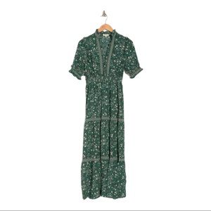 Max Studio Elbow Sleeve Length Floral Print Tiered Pnivosdt Green Maxi Dress XL